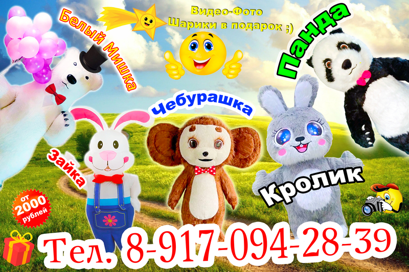 Панда,Чебурашка,Мишка,Зайка,Кролик и т.д.